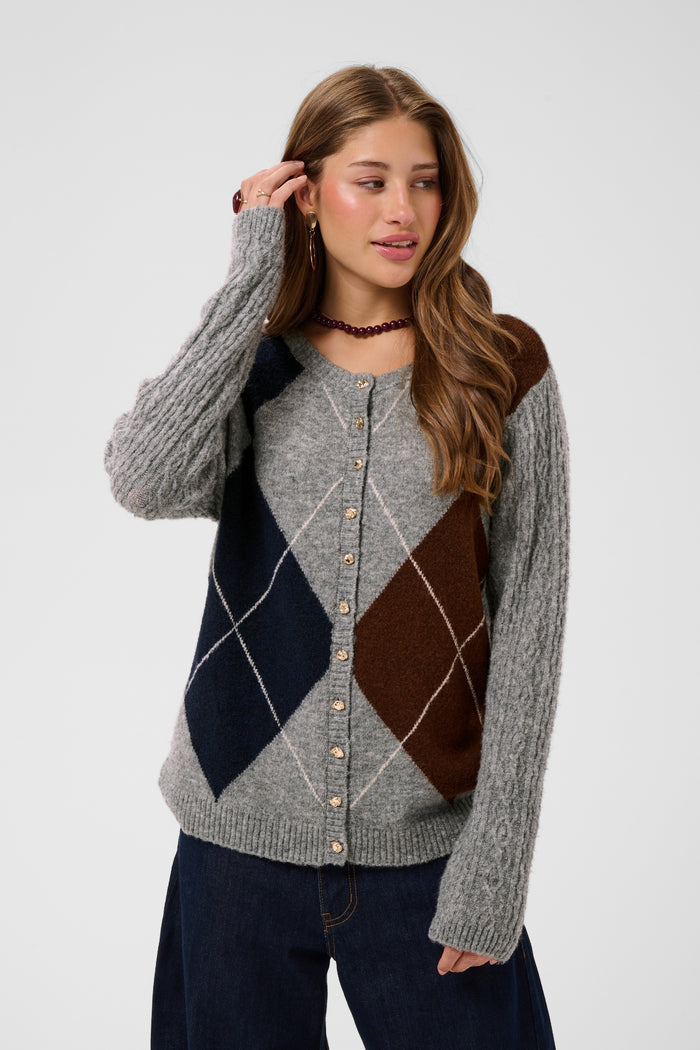 Cream 10615300 CRHope Knit Cardigan argyle knit on model Shop Cream at Dotique