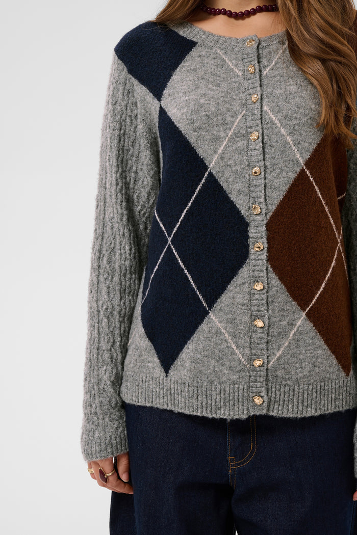 Cream 10615300 CRHope Knit Cardigan grey argyle knit on model Shop Cream at Dotique