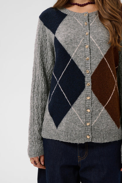 Cream 10615300 CRHope Knit Cardigan grey argyle knit on model Shop Cream at Dotique