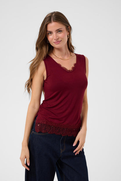 Cream 10615546 CrAlvaia Jersey Lace Top Cabernet burgundy lace top Shop Cream at Dotique