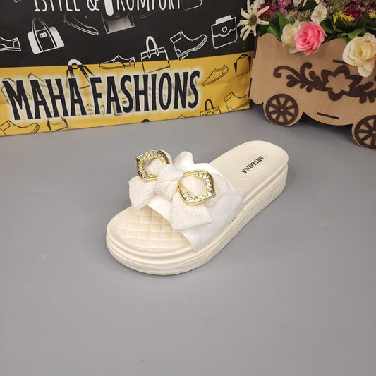 Cream Single Bow Slides - Maha fashions -  Women Footwear