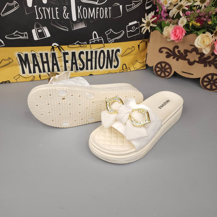 Cream Single Bow Slides - Maha fashions -  Women Footwear