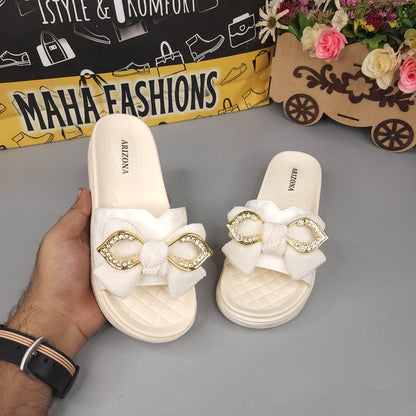 Cream Single Bow Slides - Maha fashions -  Women Footwear