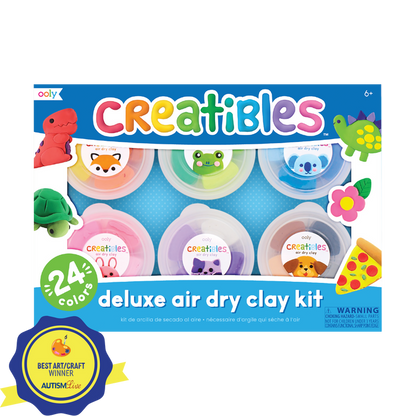 OOLY Creatibles Deluxe Air Dry Clay Kit front of packaging with Best Art/Craft award Autism Live
