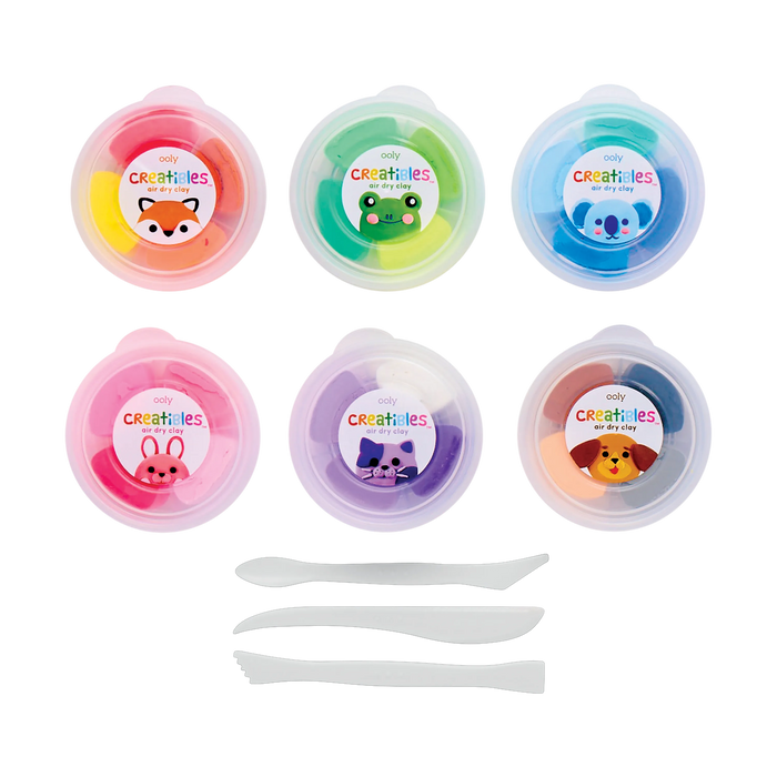 Contents of OOLY Creatibles Deluxe Air Dry Clay Kit including tubs of clay and styling tools