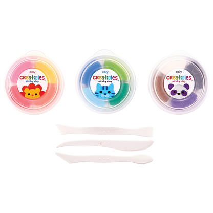 Three containers of OOLY Creatibles Standard Air Dry Clay Kit with 3 shaping tools