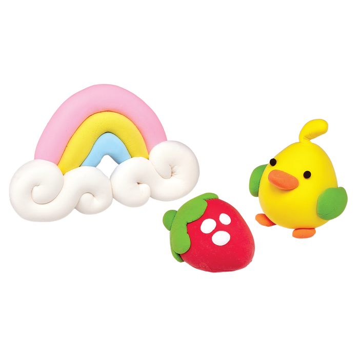 Set of finished creations including a rainbow, strawberry, and duck made with OOLY Creatibles Standard Air Dry Clay Kit on a white background