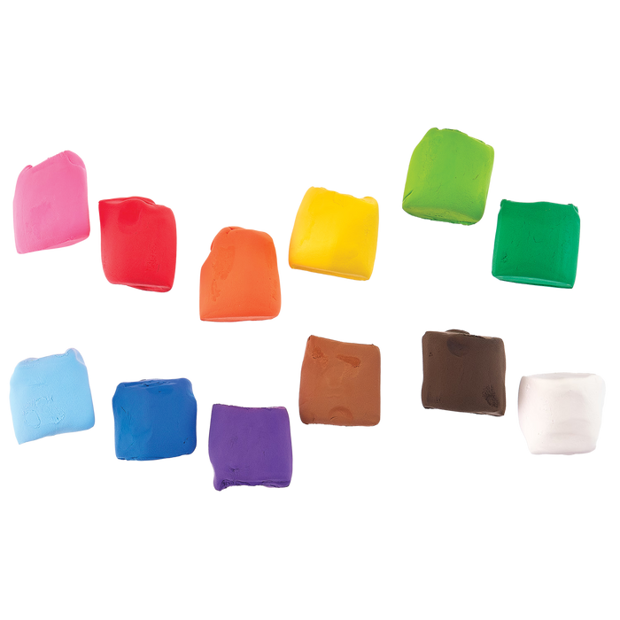 Twelve colorful square clays from the OOLY Creatibles Standard Air Dry Clay Kit on a white background