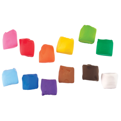 Twelve colorful square clays from the OOLY Creatibles Standard Air Dry Clay Kit on a white background