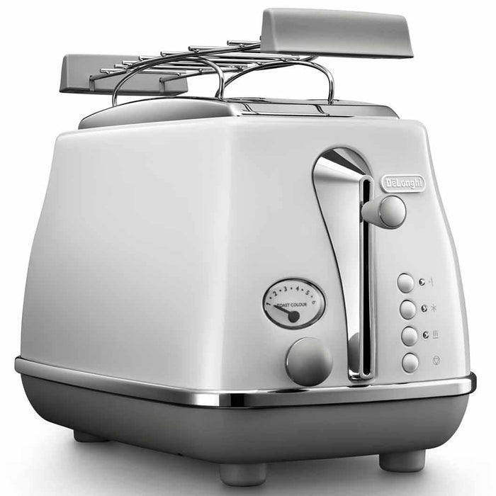 White toaster with metallic accents on a white background