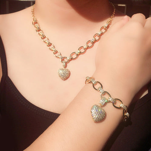 Cubic Zirconia Heart Pendant Necklace and Bracelet Fashion Jewelry Set