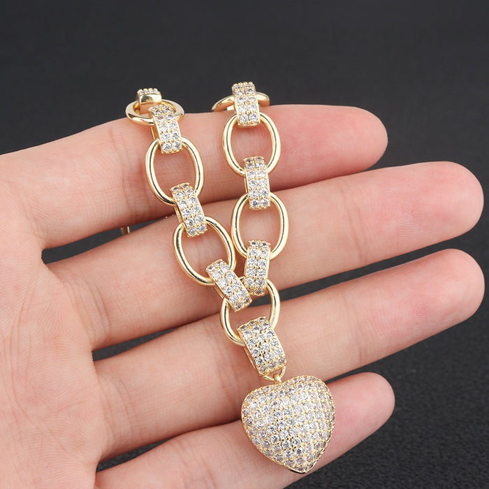 Cubic Zirconia Heart Pendant Necklace and Bracelet Fashion Jewelry Set