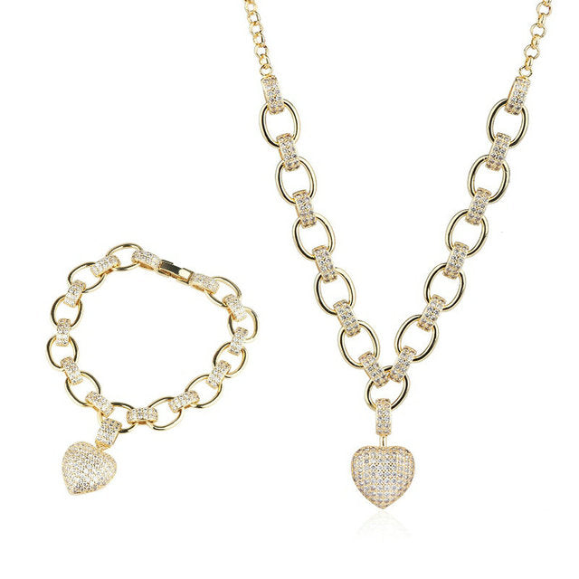 Cubic Zirconia Heart Pendant Necklace and Bracelet Fashion Jewelry Set