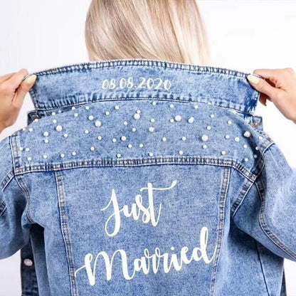 Custom Denim and Pearls Jacket for the Bride - Fashion Bridal Accessory