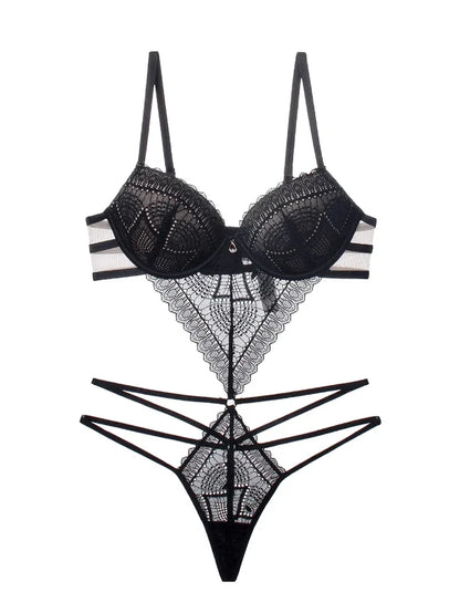 Deep V lace lingerie set black wire-free bra and brief
