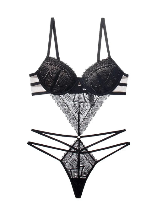 Deep V lace lingerie set black wire-free bra and brief