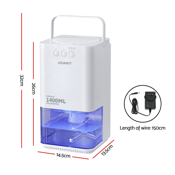 Devanti 1400ML Portable Dehumidifier Quiet Sleep Mode Timer Auto Off Bedroom White - Devanti
