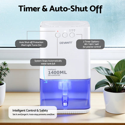 Devanti 1400ML Portable Dehumidifier Quiet Sleep Mode Timer Auto Off Bedroom White - Devanti