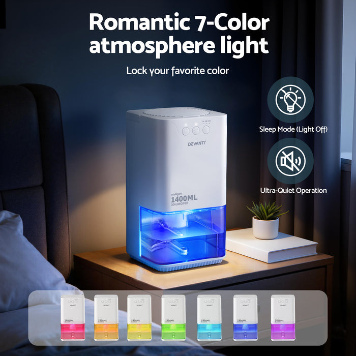 Devanti 1400ML Portable Dehumidifier Quiet Sleep Mode Timer Auto Off Bedroom White - Devanti