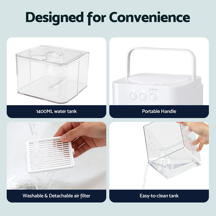 Devanti 1400ML Portable Dehumidifier Quiet Sleep Mode Timer Auto Off Bedroom White - Devanti
