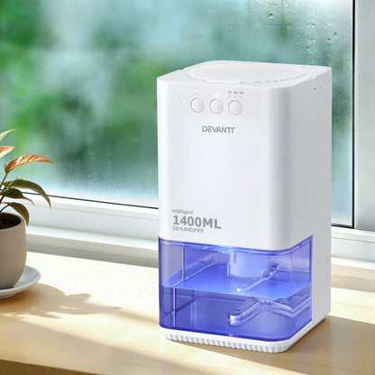 Devanti 1400ML Portable Dehumidifier Quiet Sleep Mode Timer Auto Off Bedroom White - Devanti