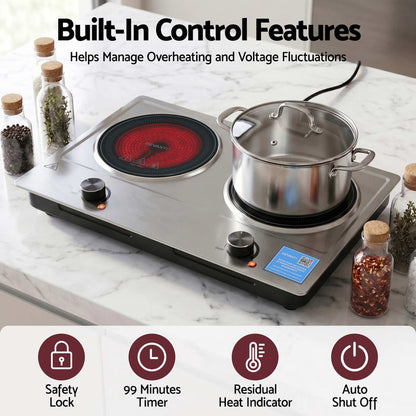 Devanti 2 Hobs Ceramic Cooktop Electric Hot Plate Infrared Knob Control 2400W - Devanti