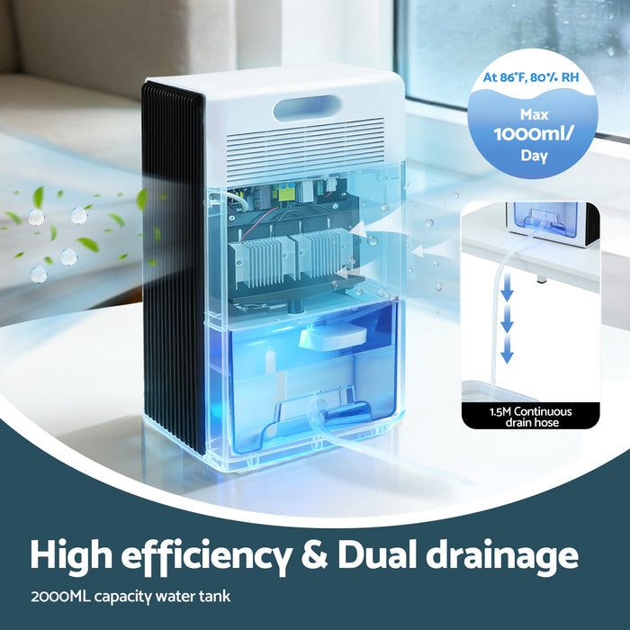 DEVANTI 2000ml  Portable Dehumidifier Moisture Absorber Home Bedroom Quiet Remote - Devanti