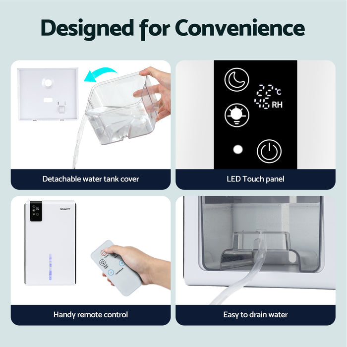 DEVANTI 2000ml  Portable Dehumidifier Moisture Absorber Home Bedroom Quiet Remote - Devanti