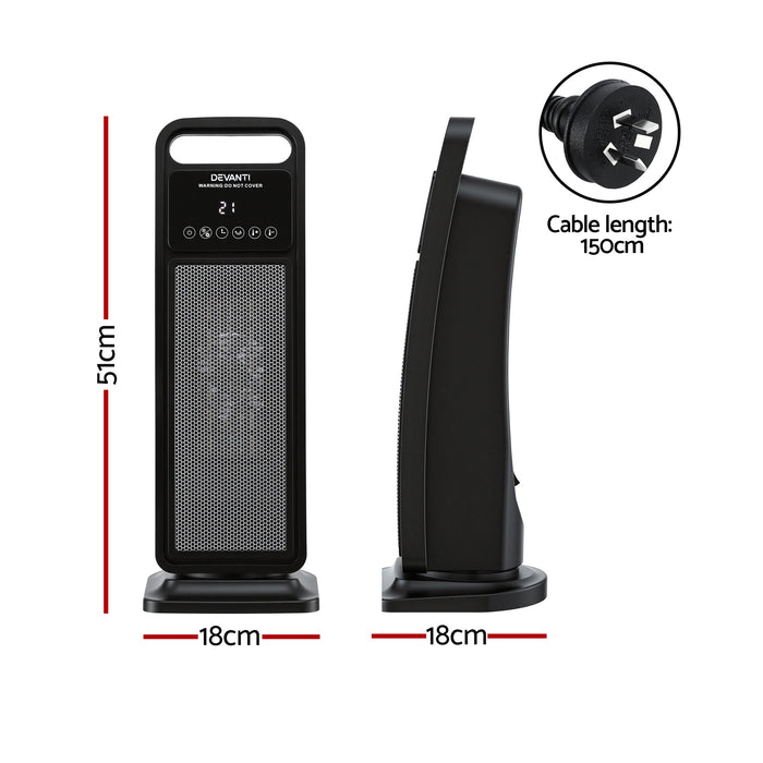 Devanti 2000W Ceramic Tower Heater Space Heaters Indoor Oscillating Black - Devanti