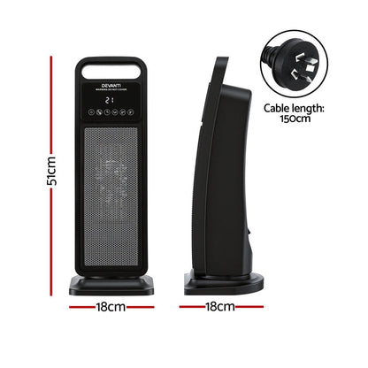 Devanti 2000W Ceramic Tower Heater Space Heaters Indoor Oscillating Black - Devanti