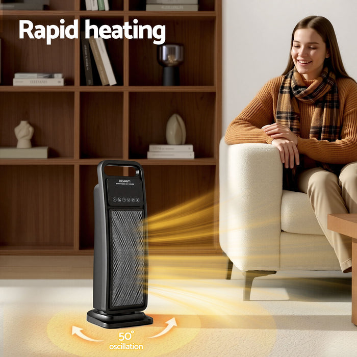 Devanti 2000W Ceramic Tower Heater Space Heaters Indoor Oscillating Black - Devanti