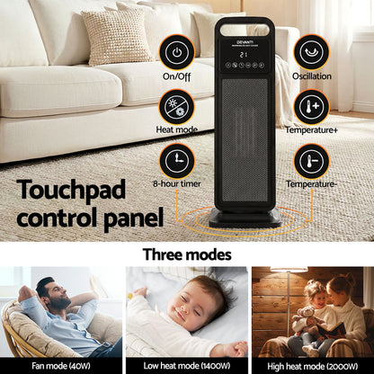 Devanti 2000W Ceramic Tower Heater Space Heaters Indoor Oscillating Black - Devanti