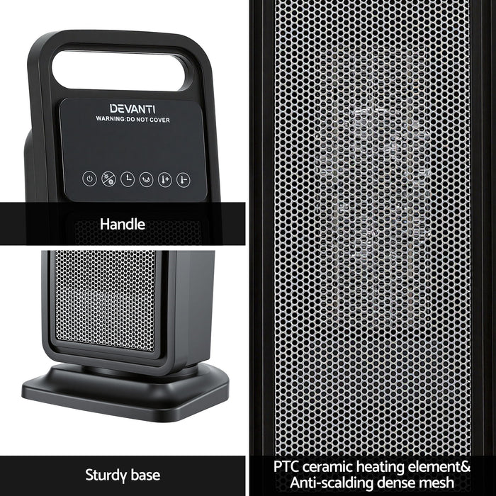 Devanti 2000W Ceramic Tower Heater Space Heaters Indoor Oscillating Black - Devanti