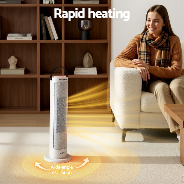 Devanti 2000W Ceramic Tower Heater Space Heaters Oscillating Indoor White - Devanti