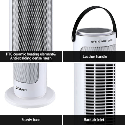 Devanti 2000W Ceramic Tower Heater Space Heaters Oscillating Indoor White - Devanti