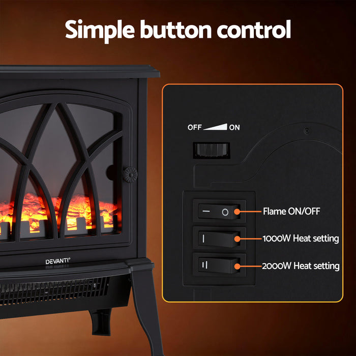 Devanti 2000W Electric Fireplace Heater Stove Freestanding 3D Flame Effect Indoor Space Heaters - Devanti