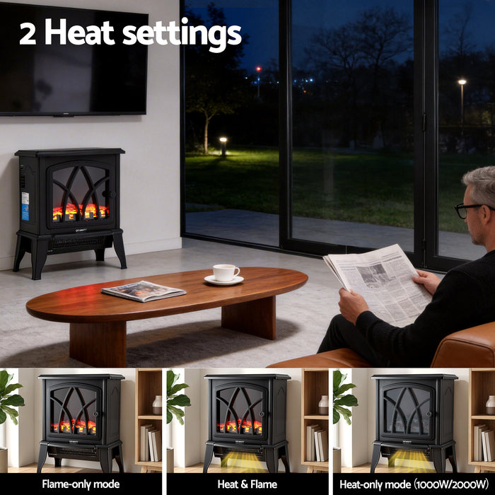 Devanti 2000W Electric Fireplace Heater Stove Freestanding 3D Flame Effect Indoor Space Heaters - Devanti