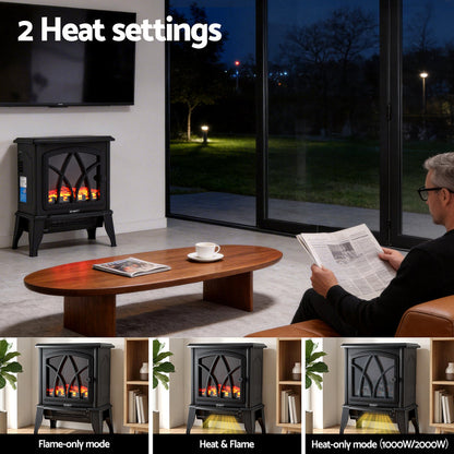 Devanti 2000W Electric Fireplace Heater Stove Freestanding 3D Flame Effect Indoor Space Heaters - Devanti