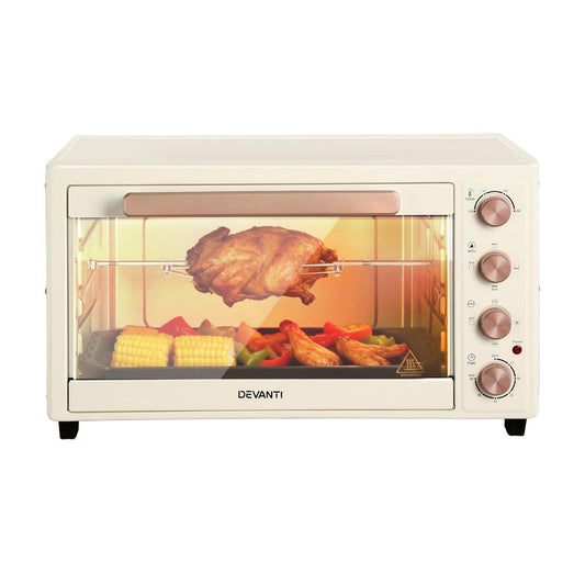 Devanti 60L Convection Oven Electric Fryer Ovens 2000W Cream - Devanti