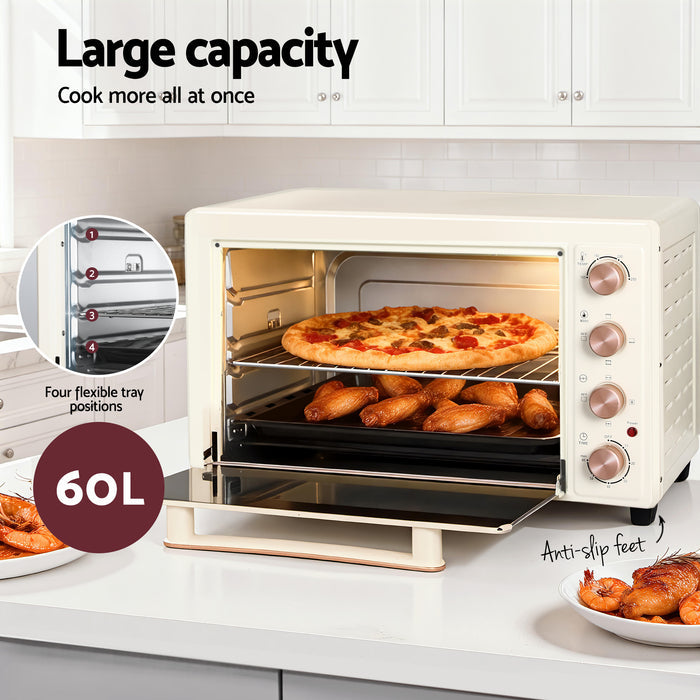 Devanti 60L Convection Oven Electric Fryer Ovens 2000W Cream - Devanti