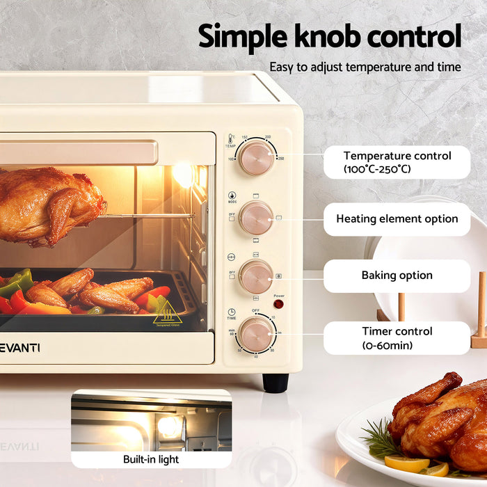 Devanti 60L Convection Oven Electric Fryer Ovens 2000W Cream - Devanti