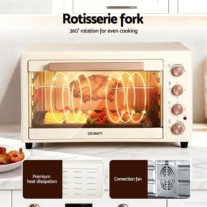 Devanti 60L Convection Oven Electric Fryer Ovens 2000W Cream - Devanti