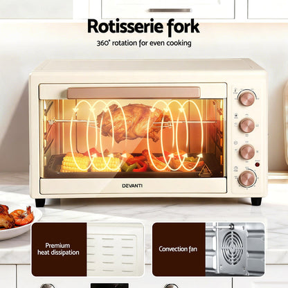 Devanti 60L Convection Oven Electric Fryer Ovens 2000W Cream - Devanti