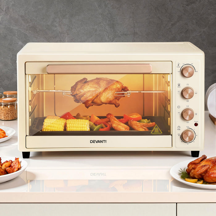 Devanti 60L Convection Oven Electric Fryer Ovens 2000W Cream - Devanti