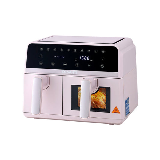 Devanti Air Fryer 9L Dual Zone Fryers 2600W Pink - Devanti