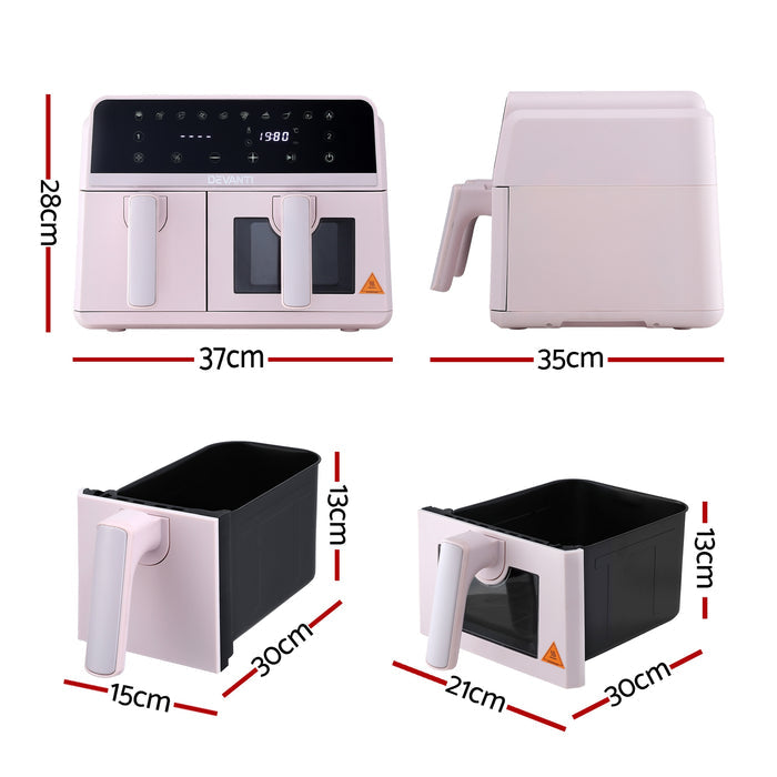 Devanti Air Fryer 9L Dual Zone Fryers 2600W Pink - Devanti