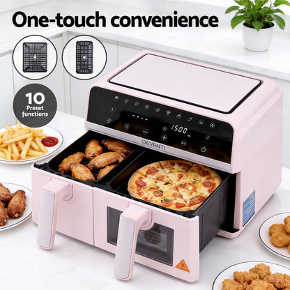Devanti Air Fryer 9L Dual Zone Fryers 2600W Pink - Devanti