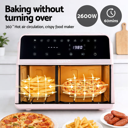 Devanti Air Fryer 9L Dual Zone Fryers 2600W Pink - Devanti