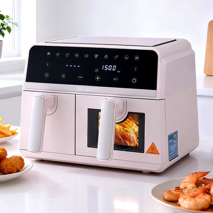Devanti Air Fryer 9L Dual Zone Fryers 2600W Pink - Devanti