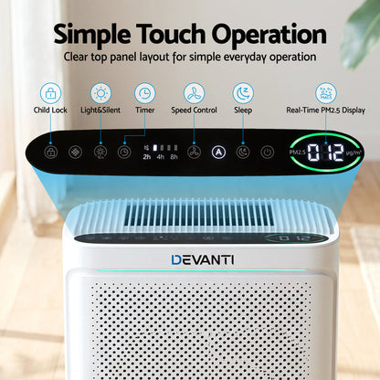 Devanti Air Purifier HEPA Air Cleaner Digital Display Bedroom White